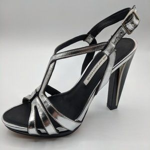 Diane Von Furstenberg DVF Silver Metallic Devon Sandal Heels Size 6.5 NIB